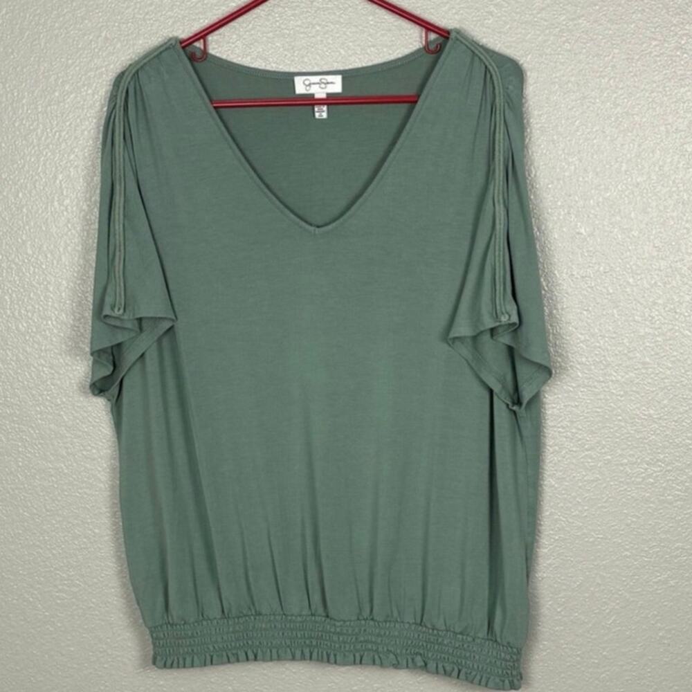 Jessica Simpson Esther Women's Size XL Green Ruched Bottom Short Sleeved Blouse